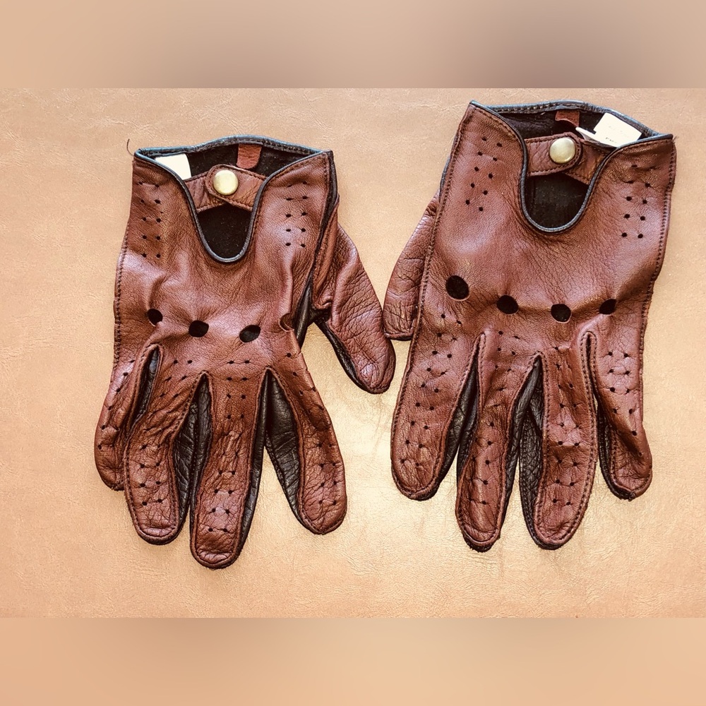 Men's Classic Premium 2-tone Brown Leather Driving Gloves with Snap Closure SZ L